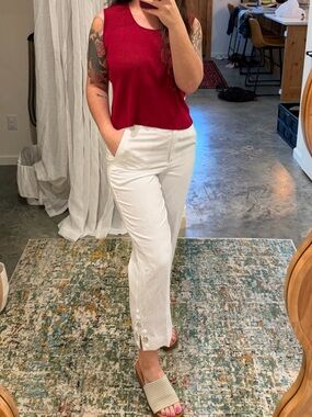 White Linen Straight-Leg Embellished Hem Pants
